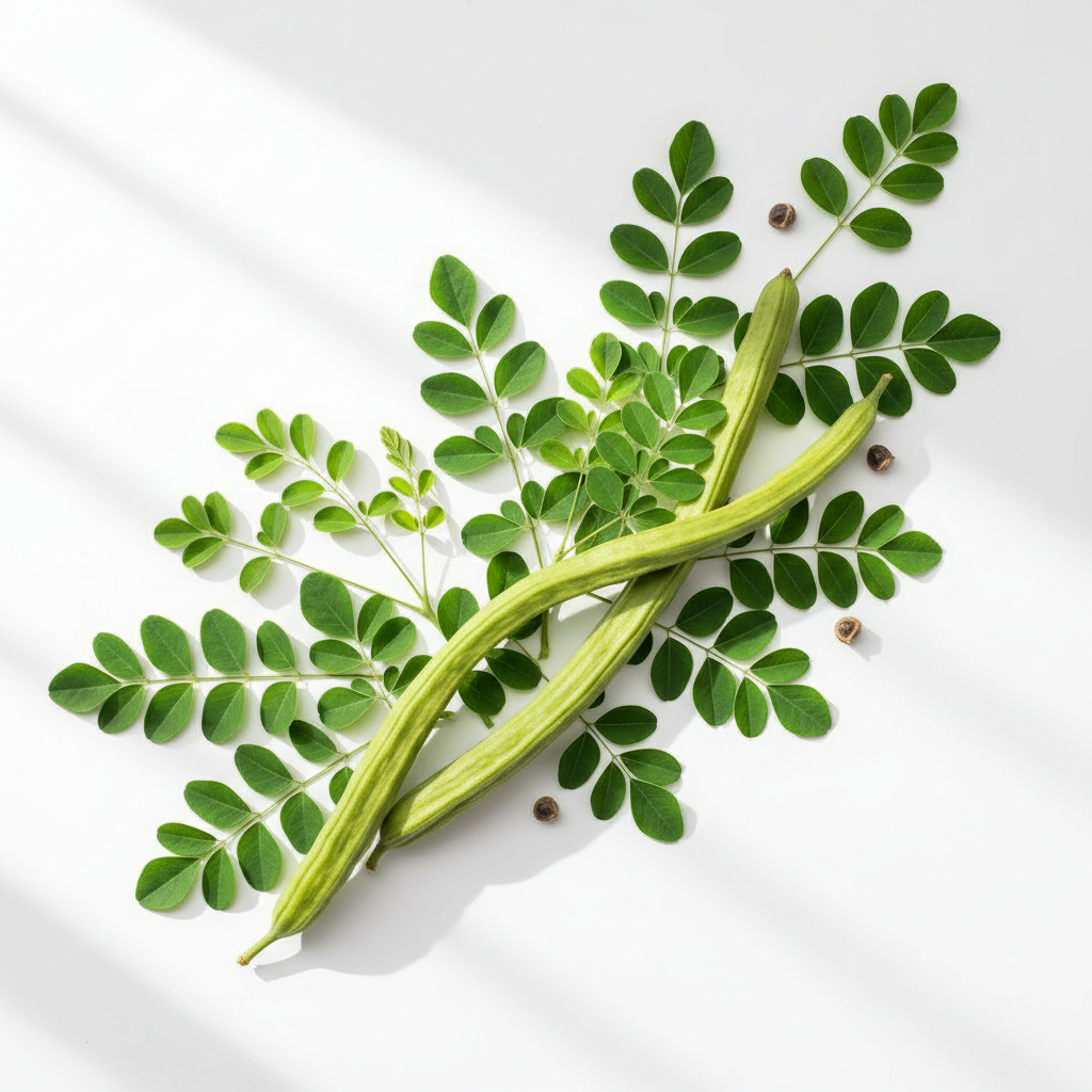 Fresh moringa leaves and pods on white background