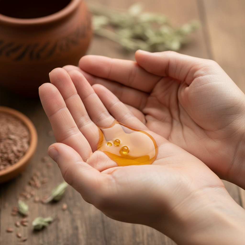 Gentle hands holding drops of golden oil in warm natural light
