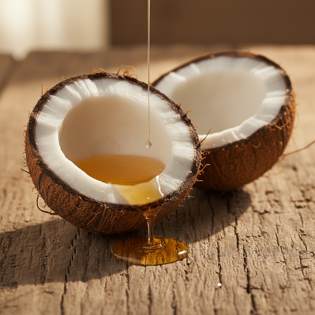 Fresh cracked coconut with golden coconut oil dripping in warm sunlight